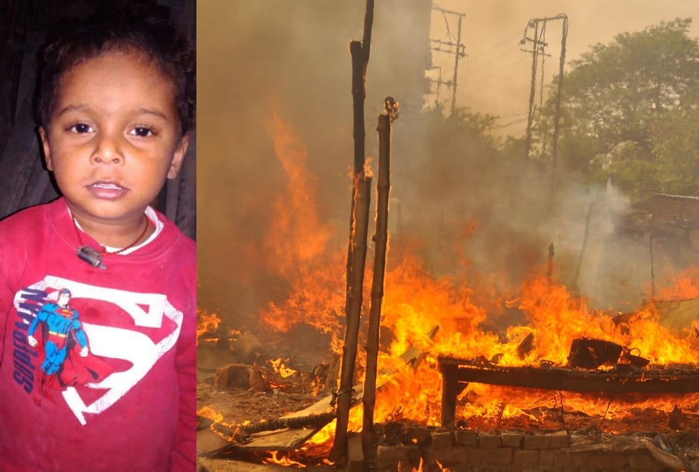 one child died in fire caught in jhuggi
