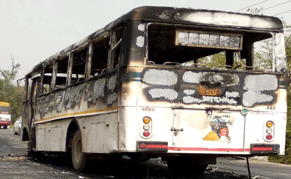 after bike hit roadways bus caught fire in haridwar