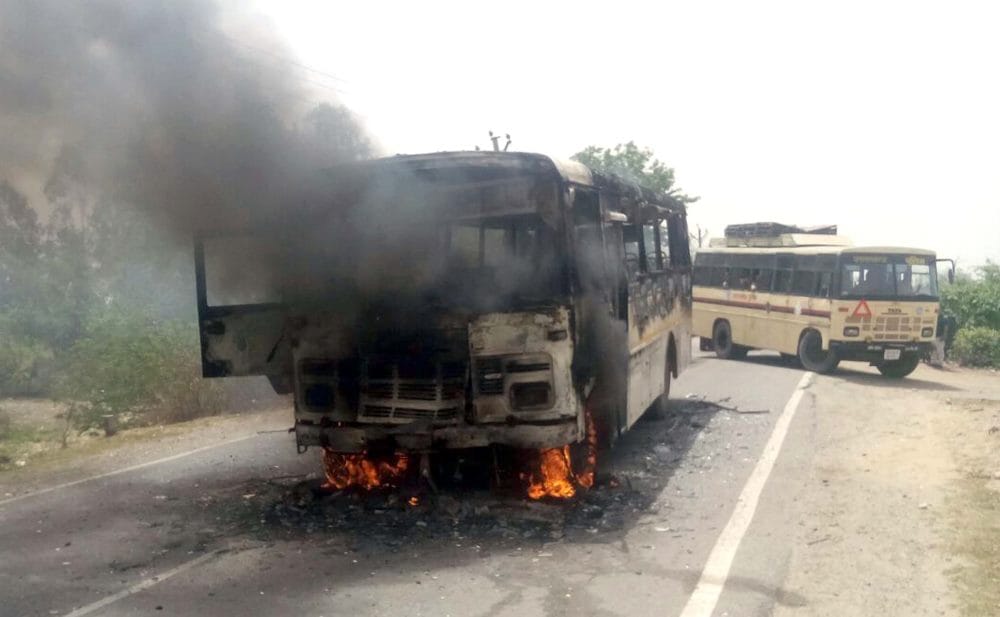 after bike hit roadways bus caught fire in haridwar