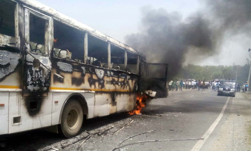 after bike hit roadways bus caught fire in haridwar