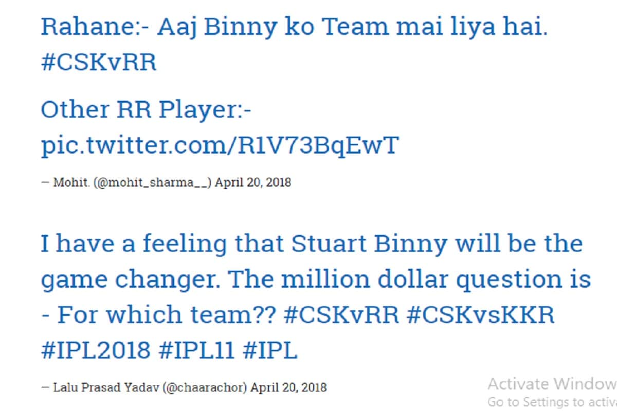 Stuart Binny trolls on social media after played against chennai superkings in ipl 2018