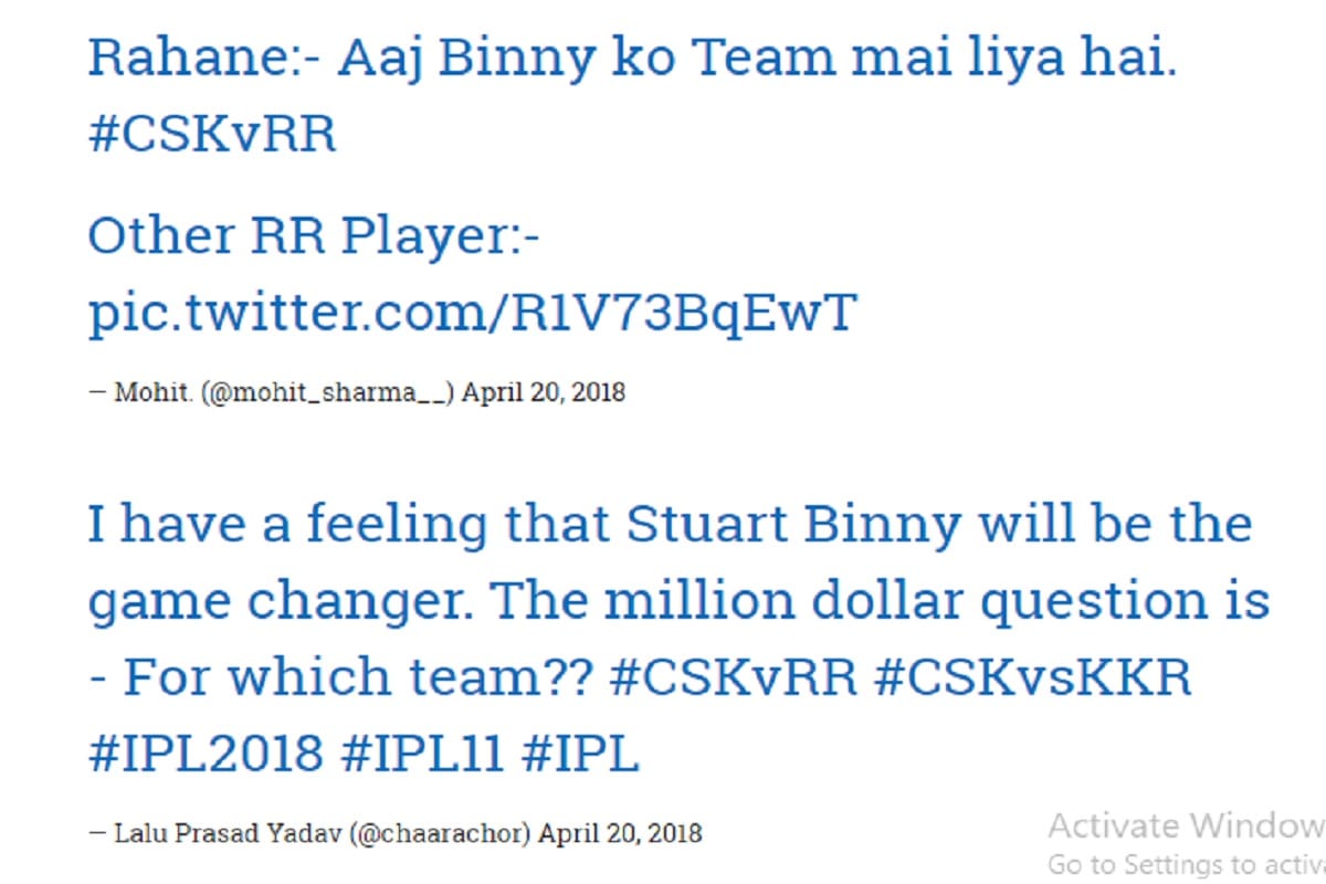 Stuart Binny trolls on social media after played against chennai superkings in ipl 2018