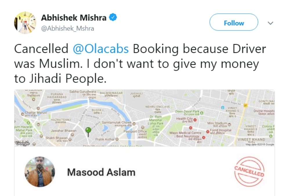 A man cancelled a cab because its driver was a muslim.