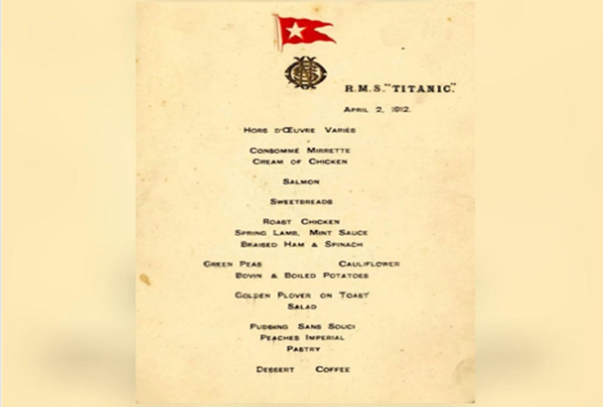 Titanic first meal menu auctioned nearly 93 lakh rupees