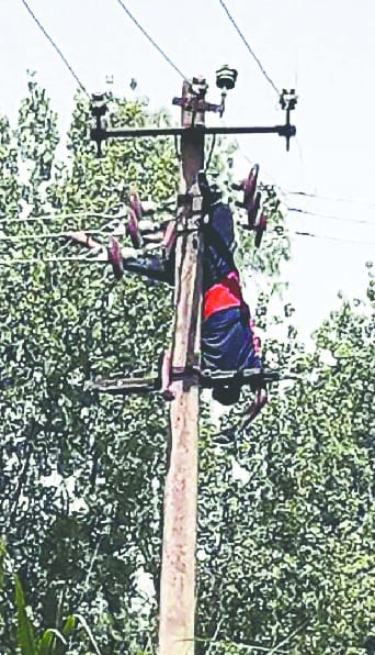  The body of an electric worker hanging on the pillar