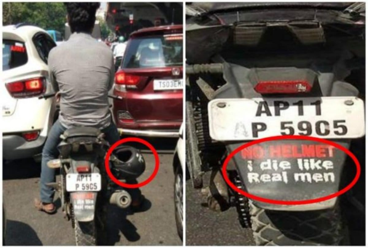 Hyderabad biker Sticker Remark says no helmet i Die like a real man 