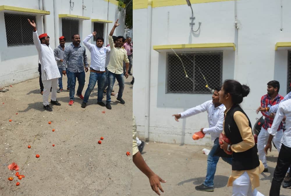 SP workers threw tomatoes and eggs at the residence of UP Minister OP Rajbhar
