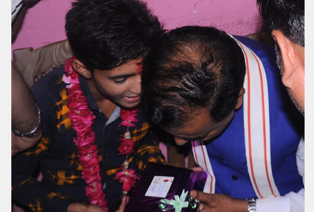 keshav prasad maurya visits intermediate topper's home in barabanki.