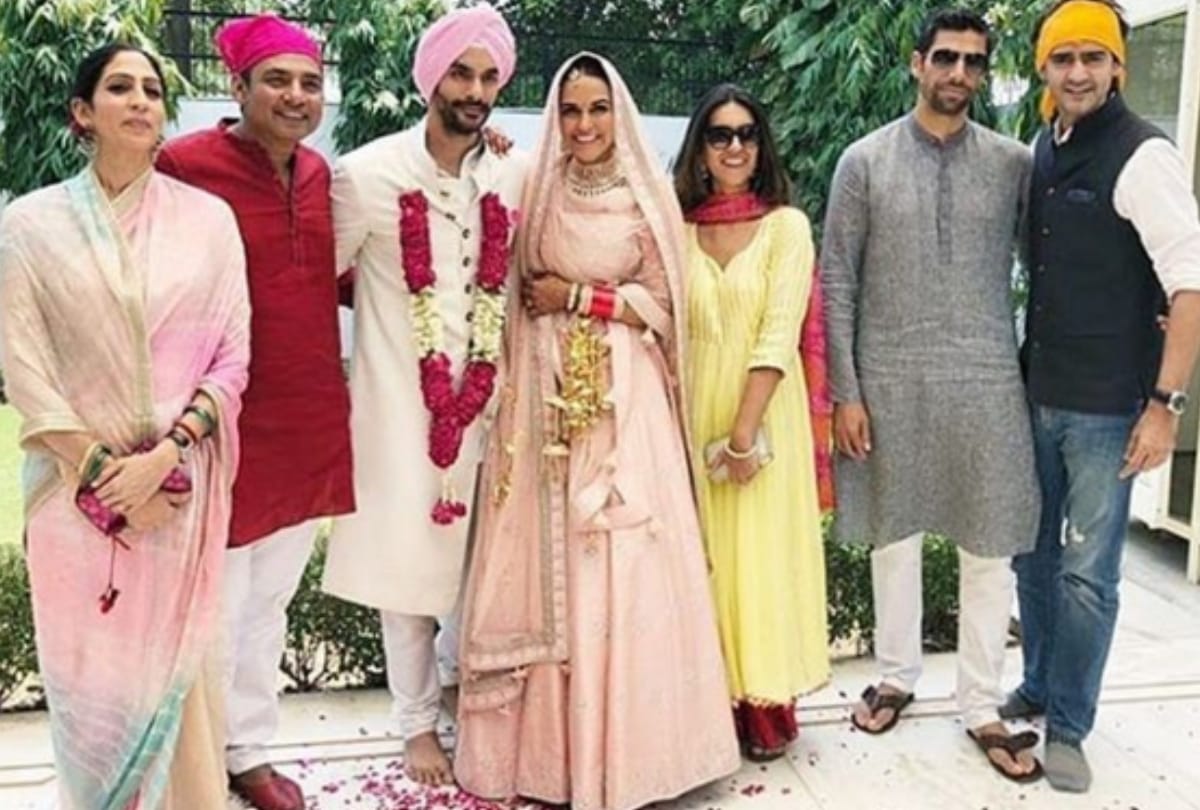 angad bedi and neha dhupia wedding anniversary look at inside photo