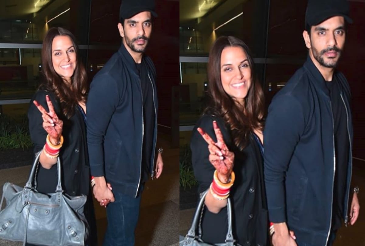neha dhupia and angad bedi return from the usa