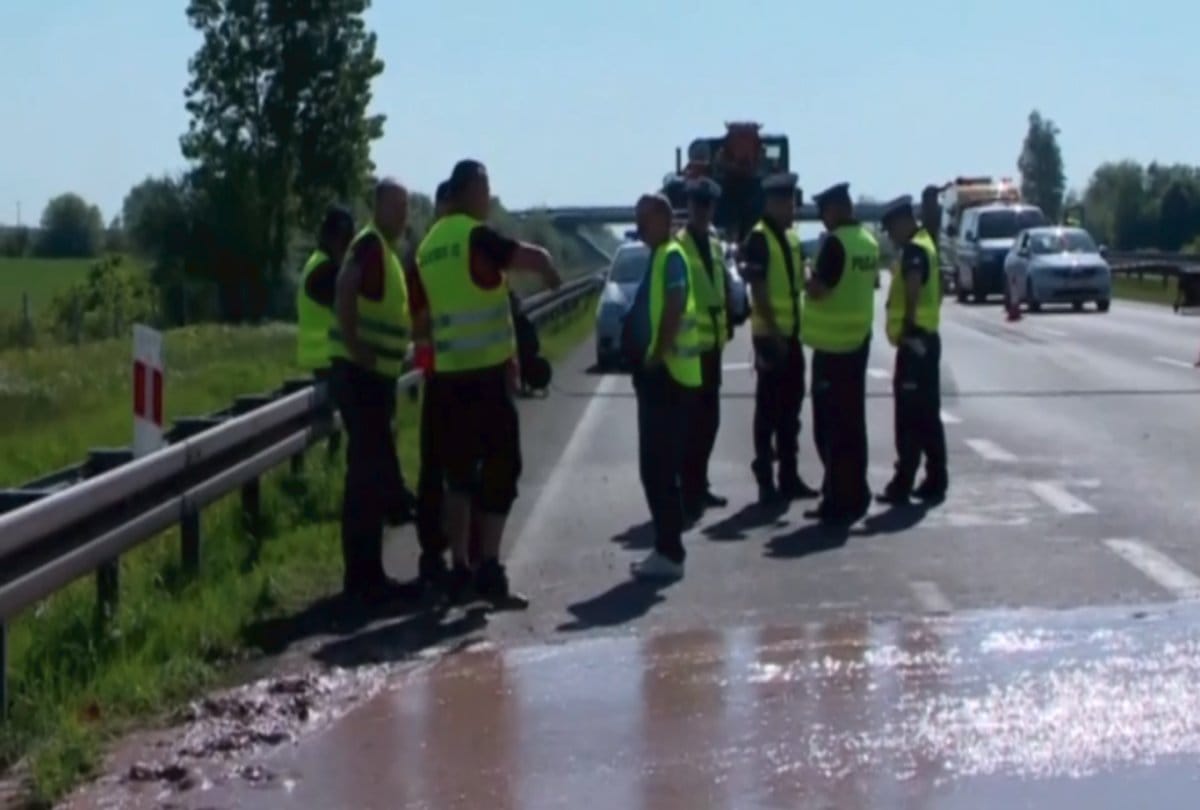 Road fully covered by melted chocolate after truck hit in Poland 