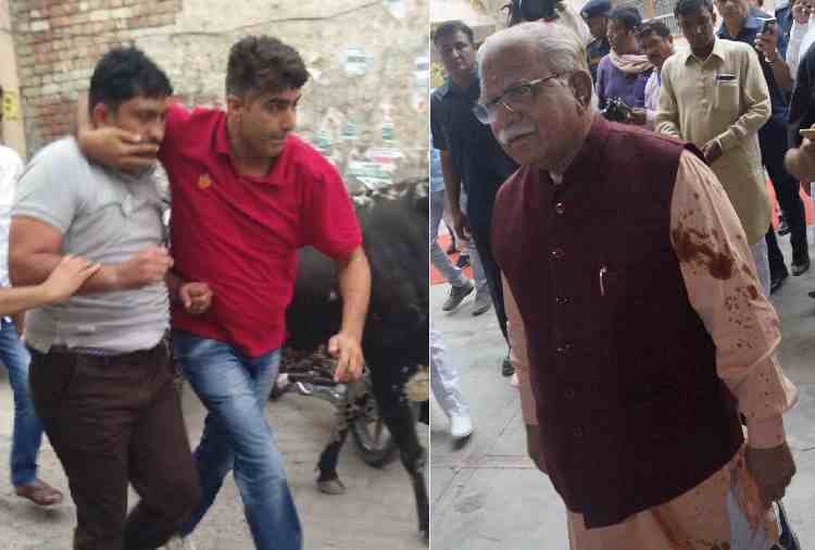 black oil thrown on haryana cm manohar lal khattar in hisar