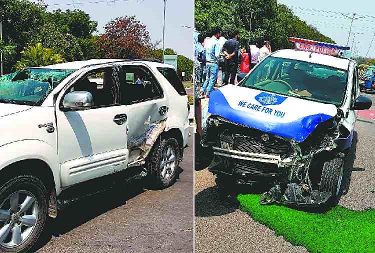 pcr chandigarh and fortuner car collision on light point