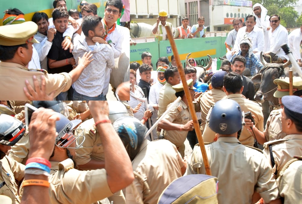  congress protest in lucknow over petrol and diesel prices.