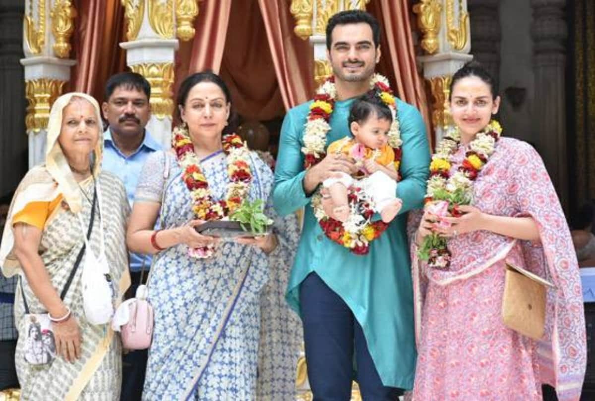 hema malini with grand daughter radhya at iskcon temple
