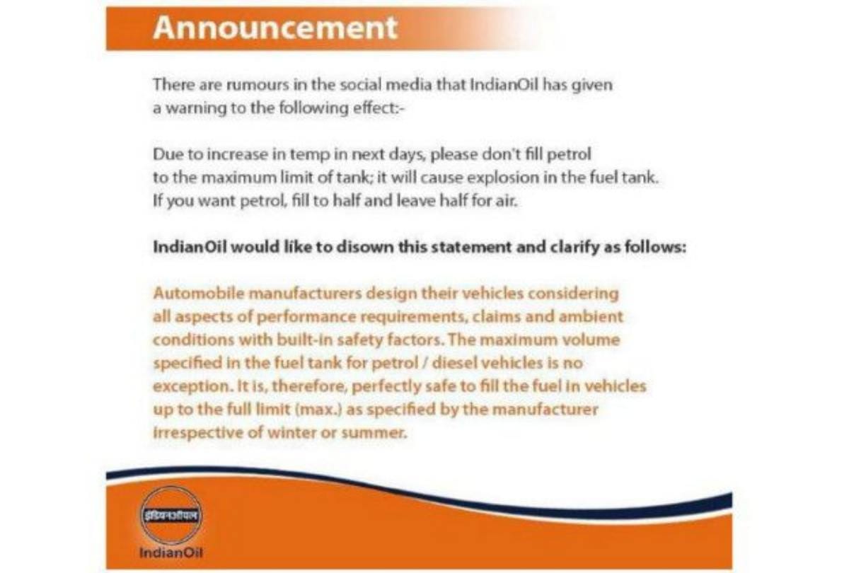 indian Oil Warning Message of Explosions Due To Heat fuel tank of automobiles
