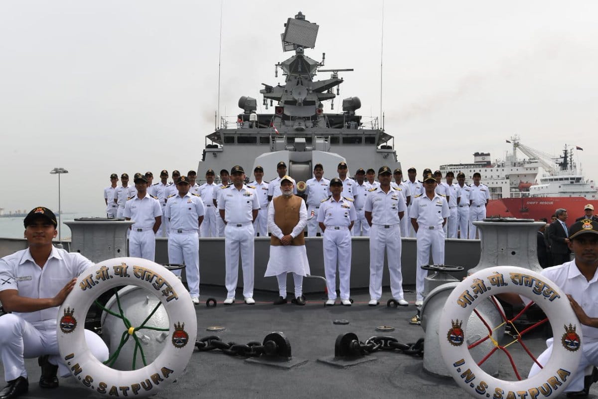  PM narendra modi visiting the Changi Naval Base on board INS Satpura