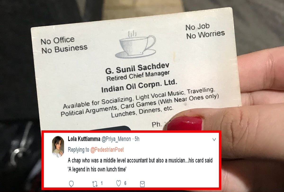 a business card of retired chief manager going viral as it contains hilarious content 