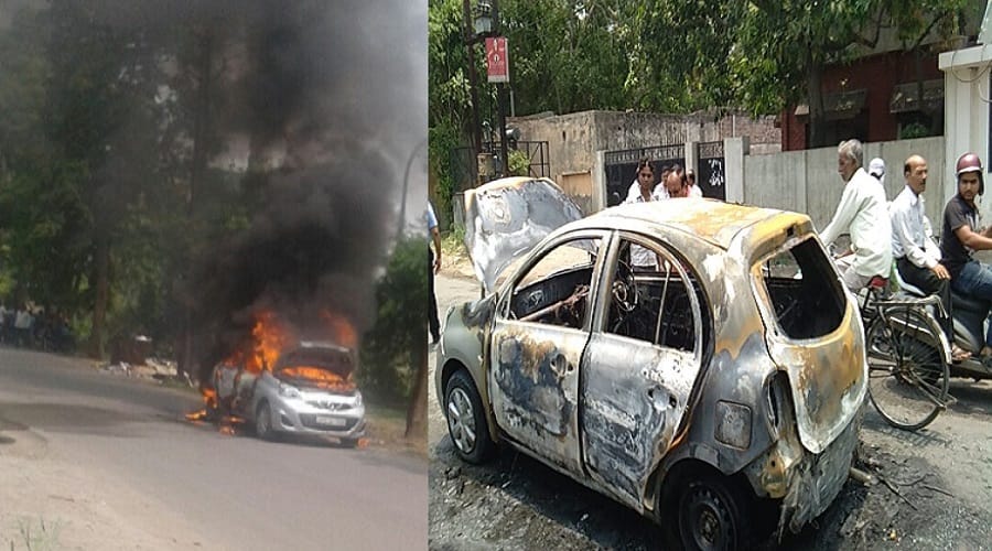 There a fire in the car near the sports complex at meerut
