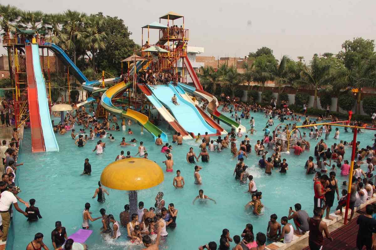Varanasi people have fun in the water park with games