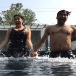 Bhojpuri actress Amrapali Dubey enjoying with Dinesh Lal Yadav Nirhua and Ravi Kishan in pool