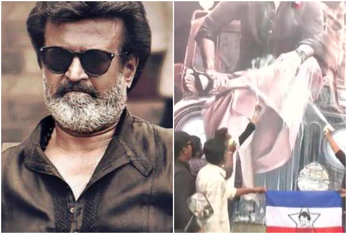 Rajinikanth crazy fans bath Kaala film poster with milk 