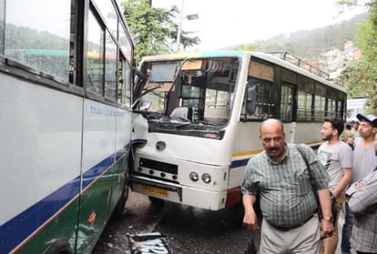 six injured in collision between high speed private buses at shimla