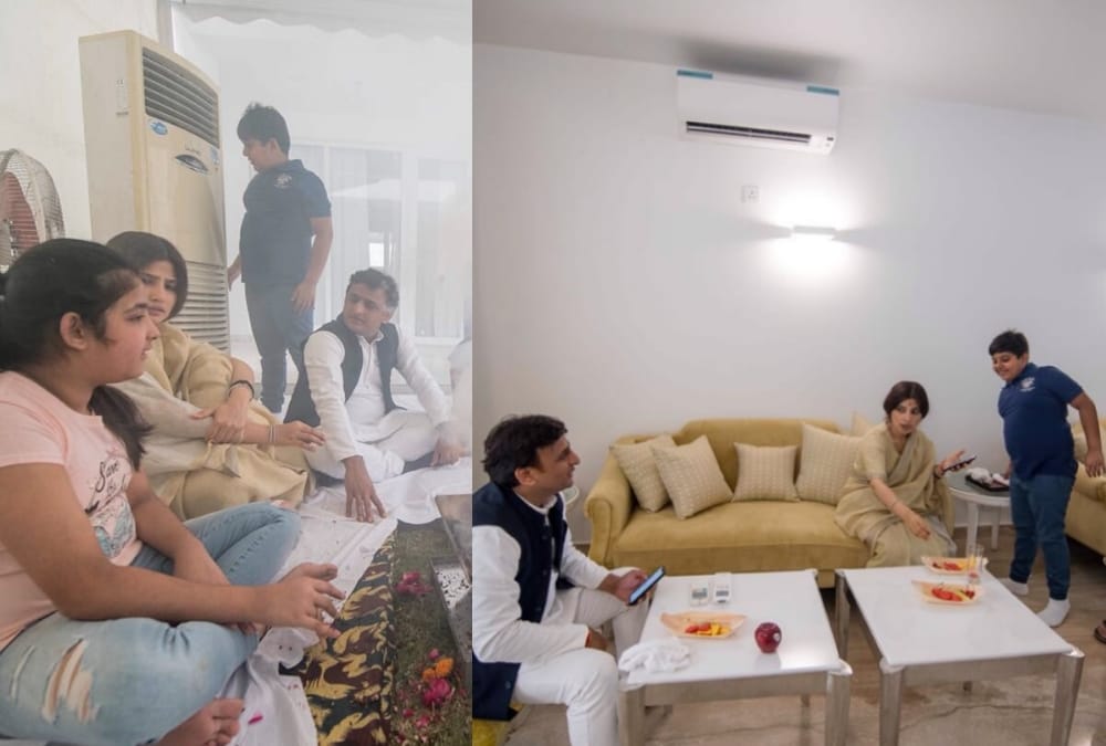 akhilesh yadav performs pooja in his new house.
