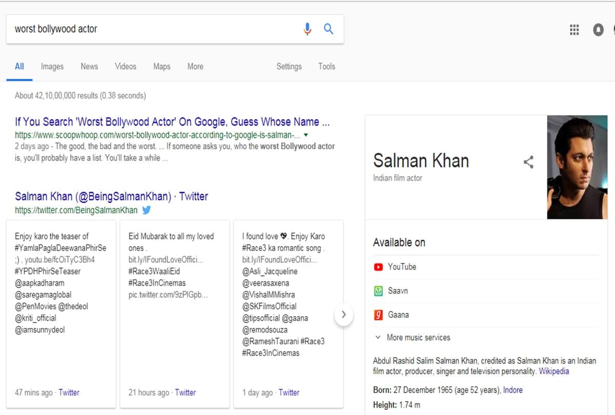 worst Bollywood Actor on Google it displays salman khan