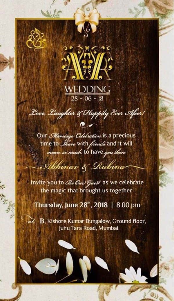 Rubina dilaik aka chhoti bahu and abhinav shukla wedding reception invitation card