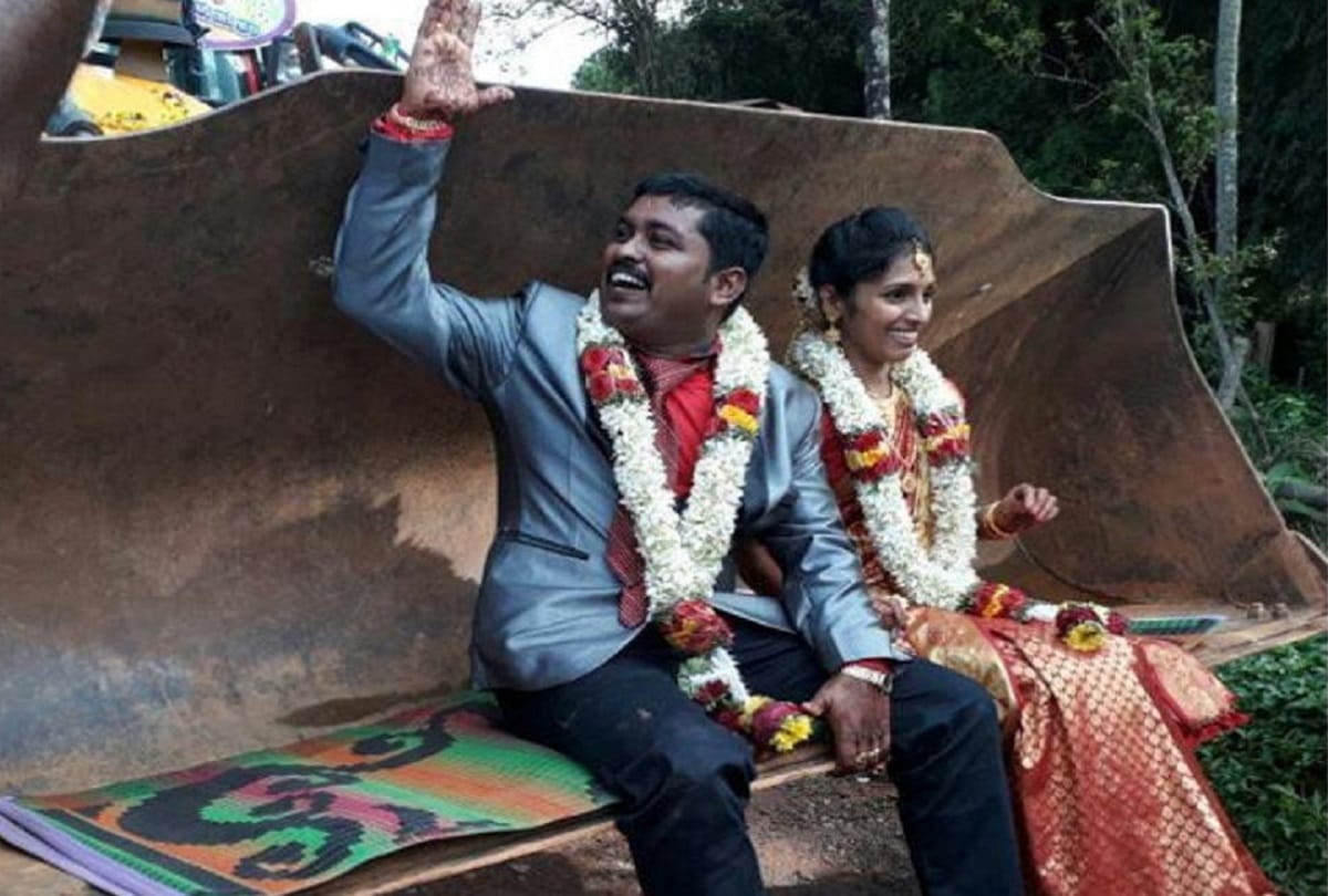 After wedding Groom take his wife home on his jcb machine at Karnataka