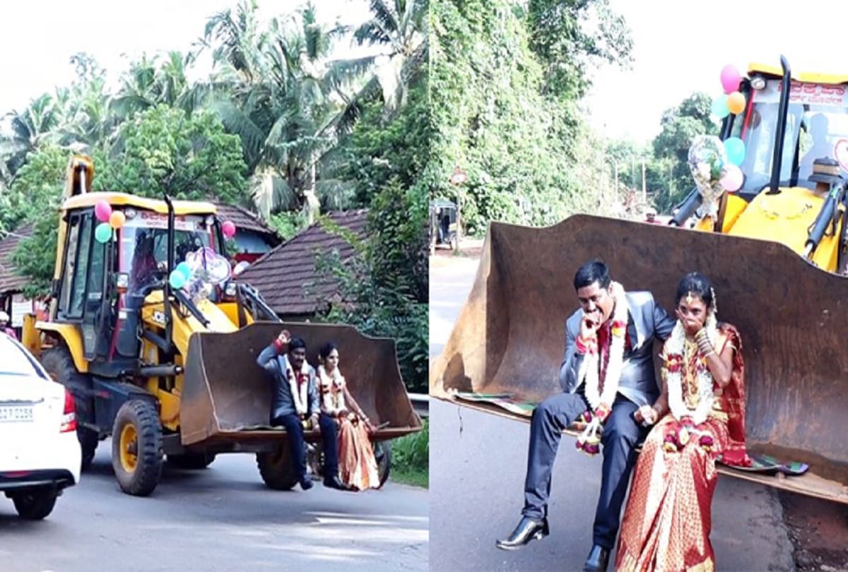 After wedding Groom take his wife home on his jcb machine at Karnataka