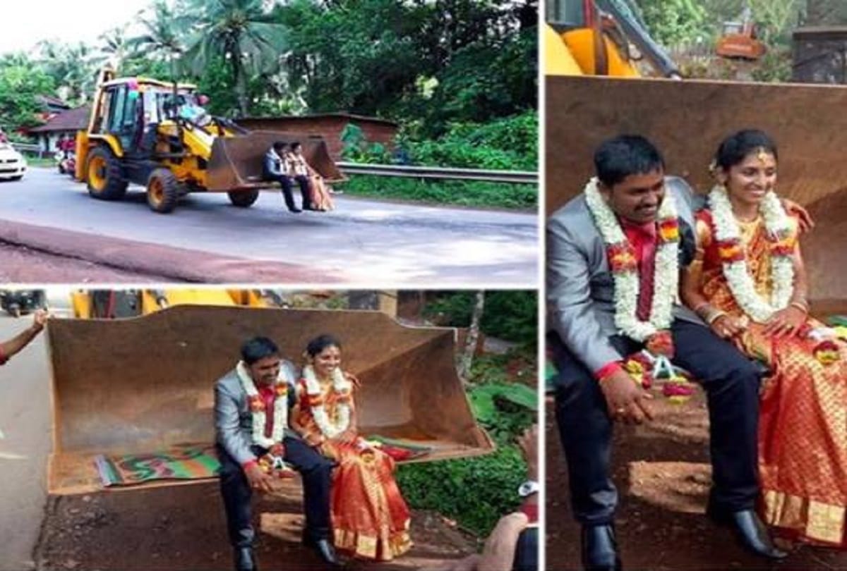 After wedding Groom take his wife home on his jcb machine at Karnataka