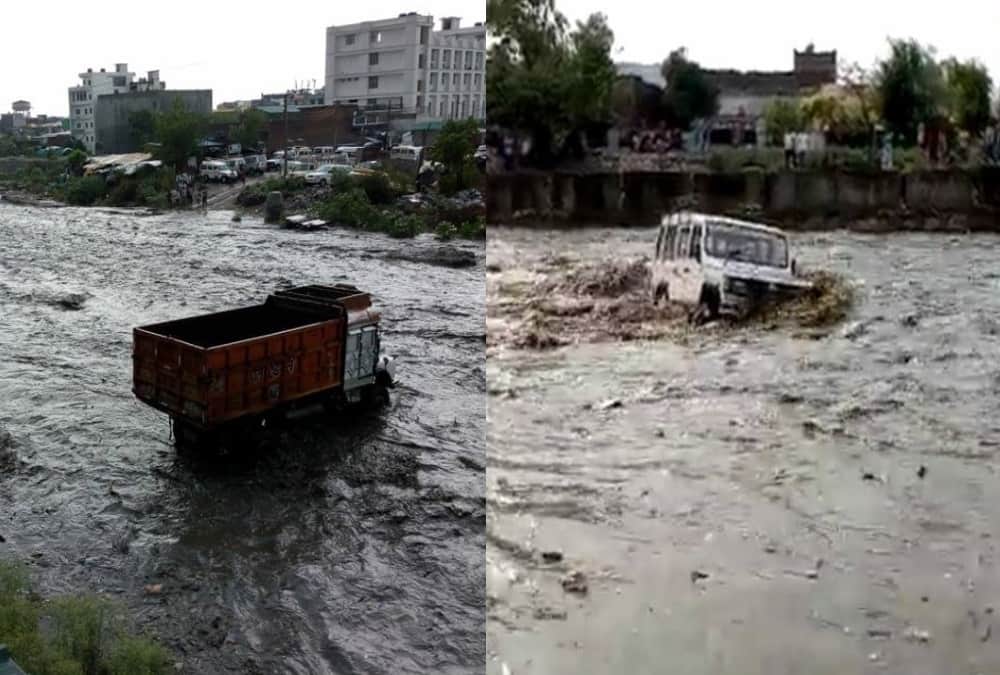 Vehicle swept in rispana river high flow after heavy rain in dehradun 