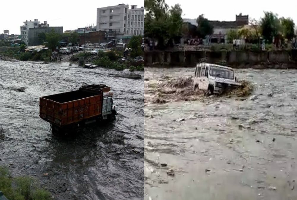 Vehicle swept in rispana river high flow after heavy rain in dehradun 