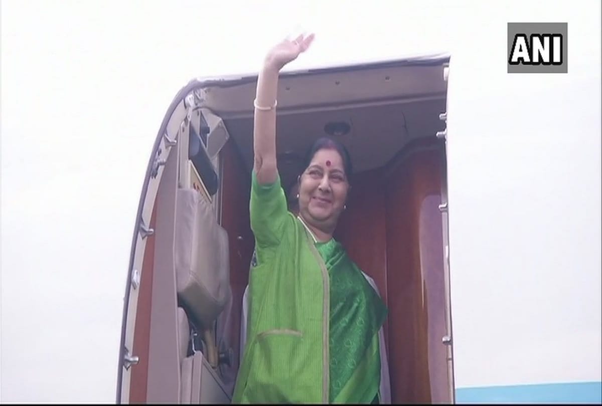 External Affairs Minister Sushma Swaraj leaves for Delhi from Brussels