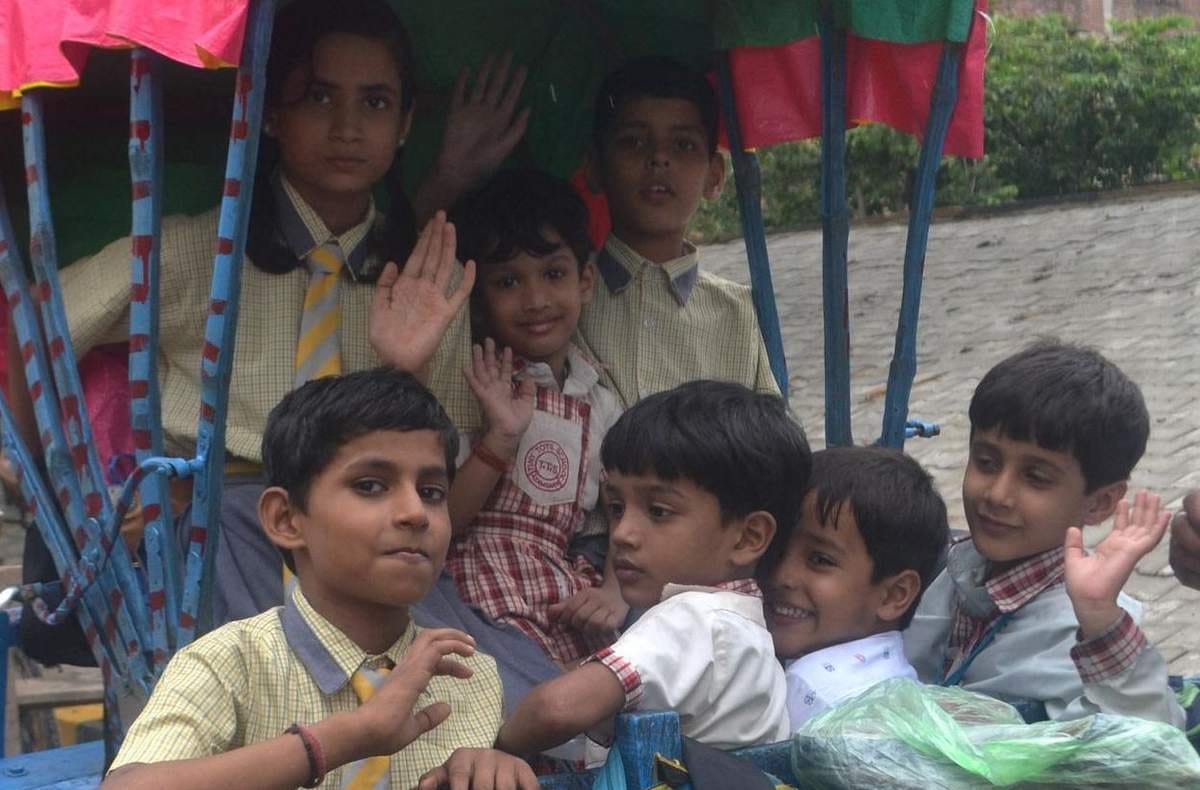 School open after summer vacation and children have fun in first day 