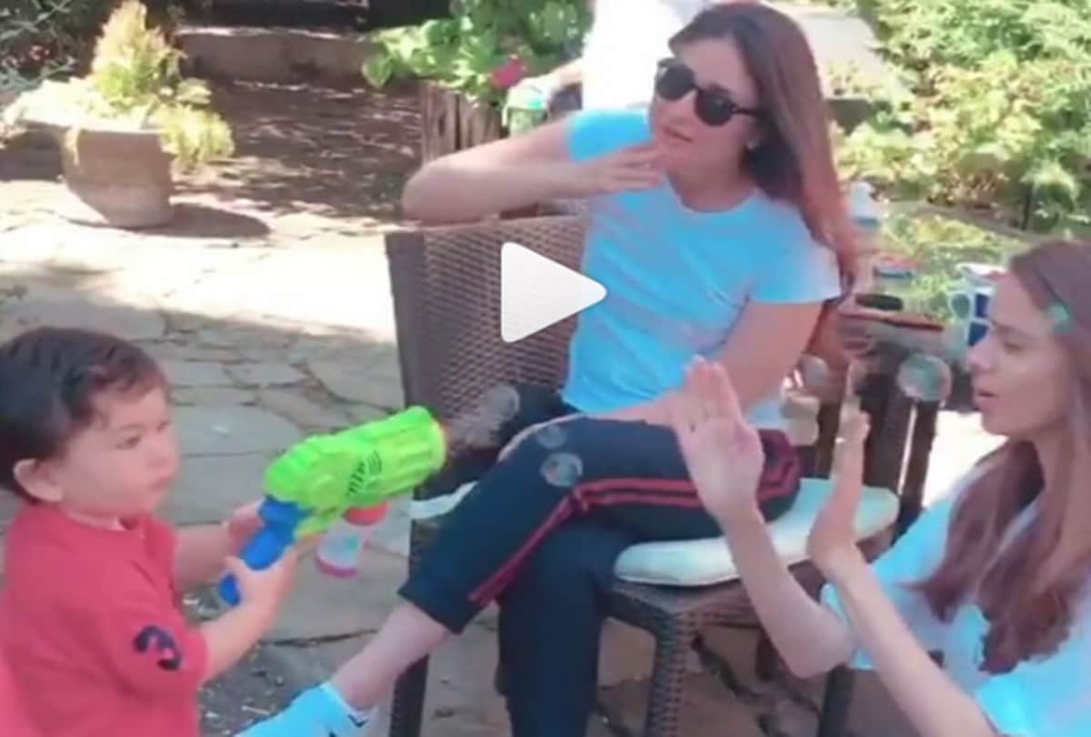 Cute video Taimur Ali Khan playing with his bubble gun