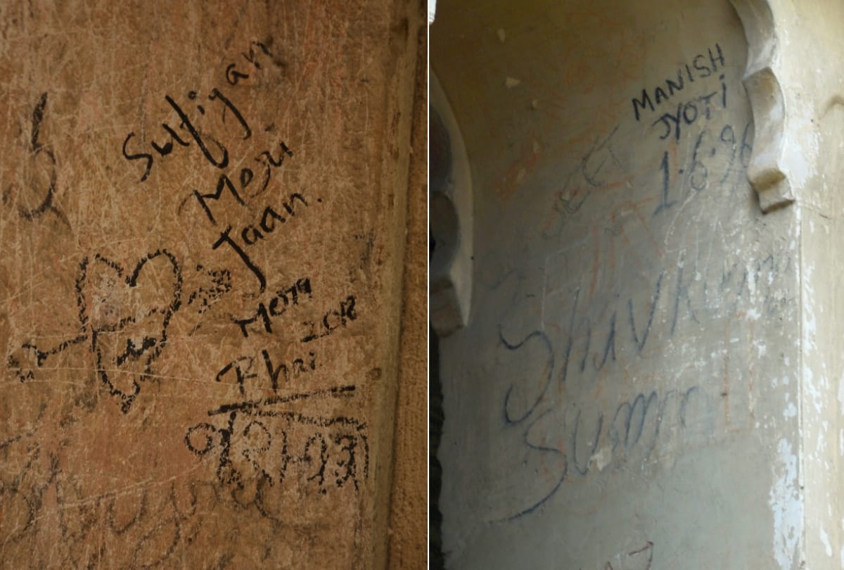 love couples write their names on the wall of imambara