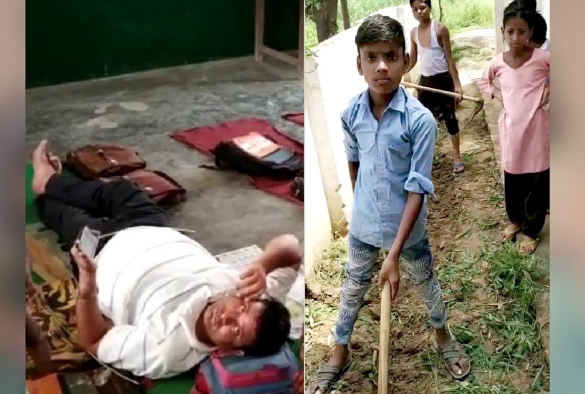 Teachers in government school of shamli taking rest and kids digging in the sun