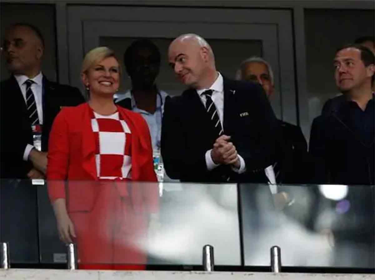 croatian president kolinda Grabar-Kitarovic enjoys match like a fan