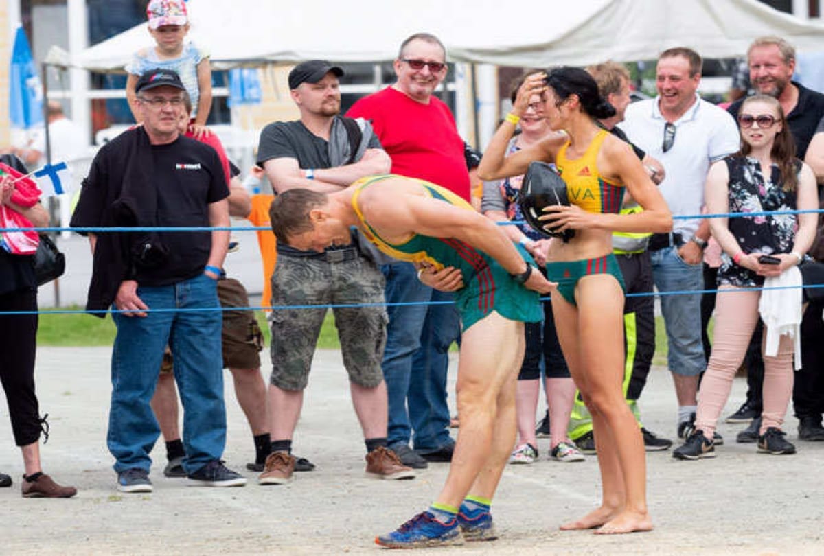 Unique competition of finland where man run one kilometer after uplift his wife on his back