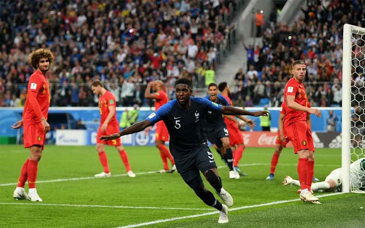 samuel umtiti hits a goal against belgium in fifa world cup 2018
