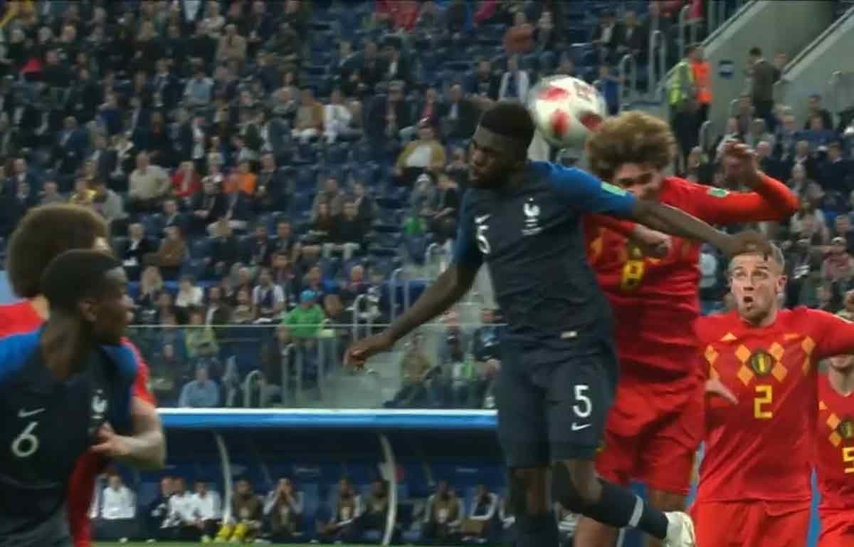 samuel umtiti hits a goal against belgium in fifa world cup 2018