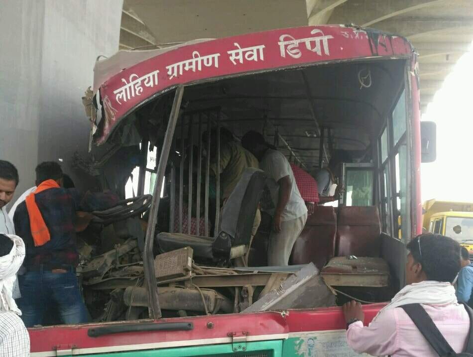 Roadways bus hit flyover piller in varanasi many injured