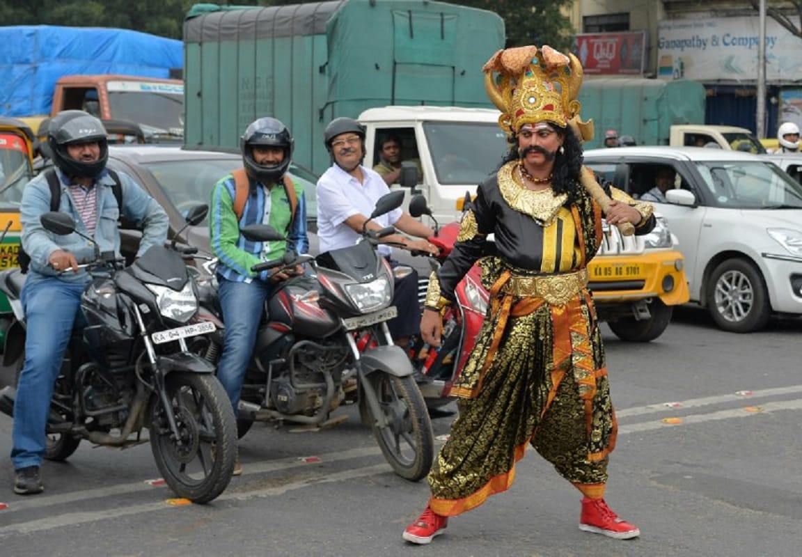 the God of death Yamraj on Bengaluru roads to teach bike riders way helmet is important 