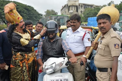 the God of death Yamraj on Bengaluru roads to teach bike riders way helmet is important 