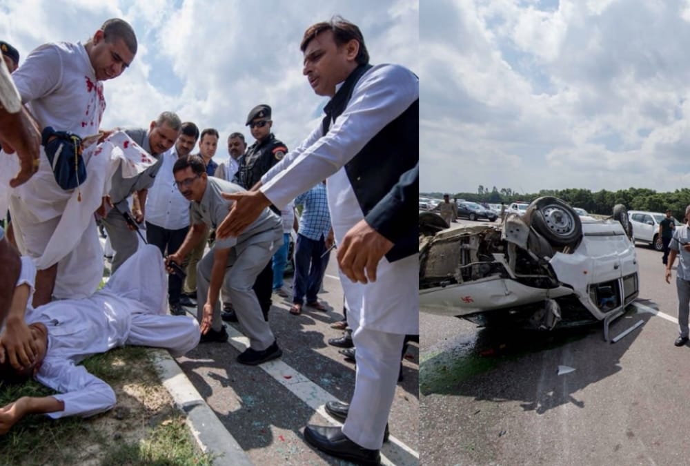 akhilesh yadav helps accident victims on agra express way.