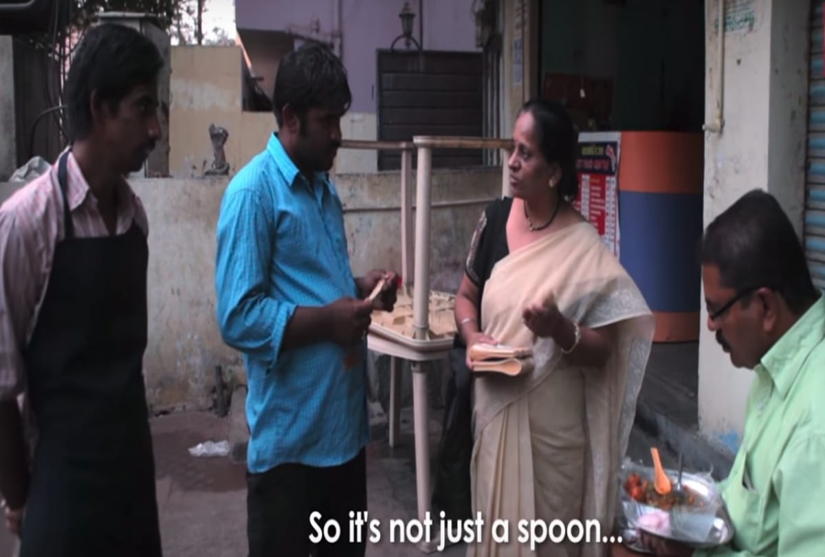 Weird bet where poeple have to eat utensils with food