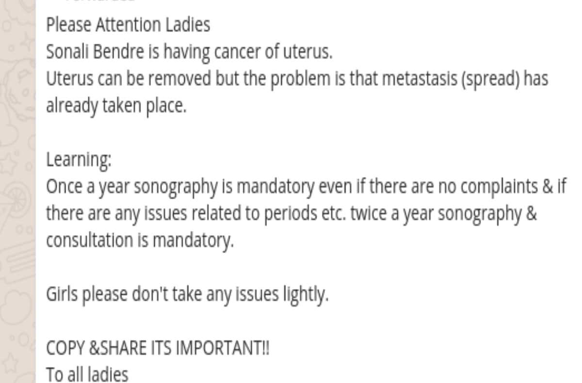 sonali bendre has uterine cancer truth behind this whatsapp message